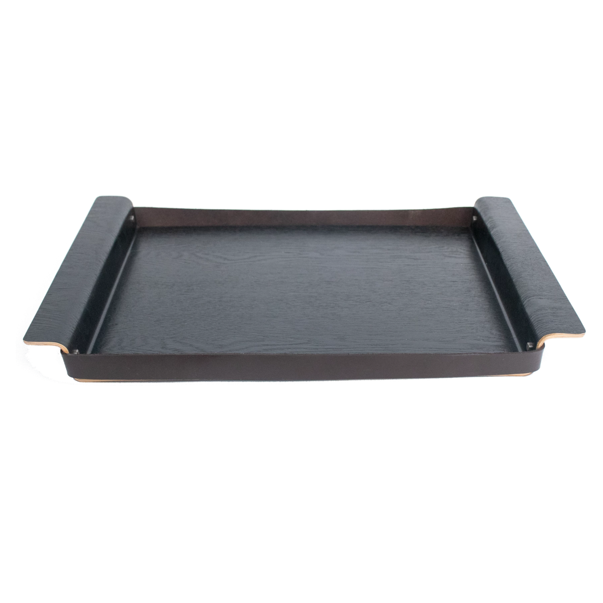 Rectangle Dark Wood Tray with Leather Sides Amenity Services