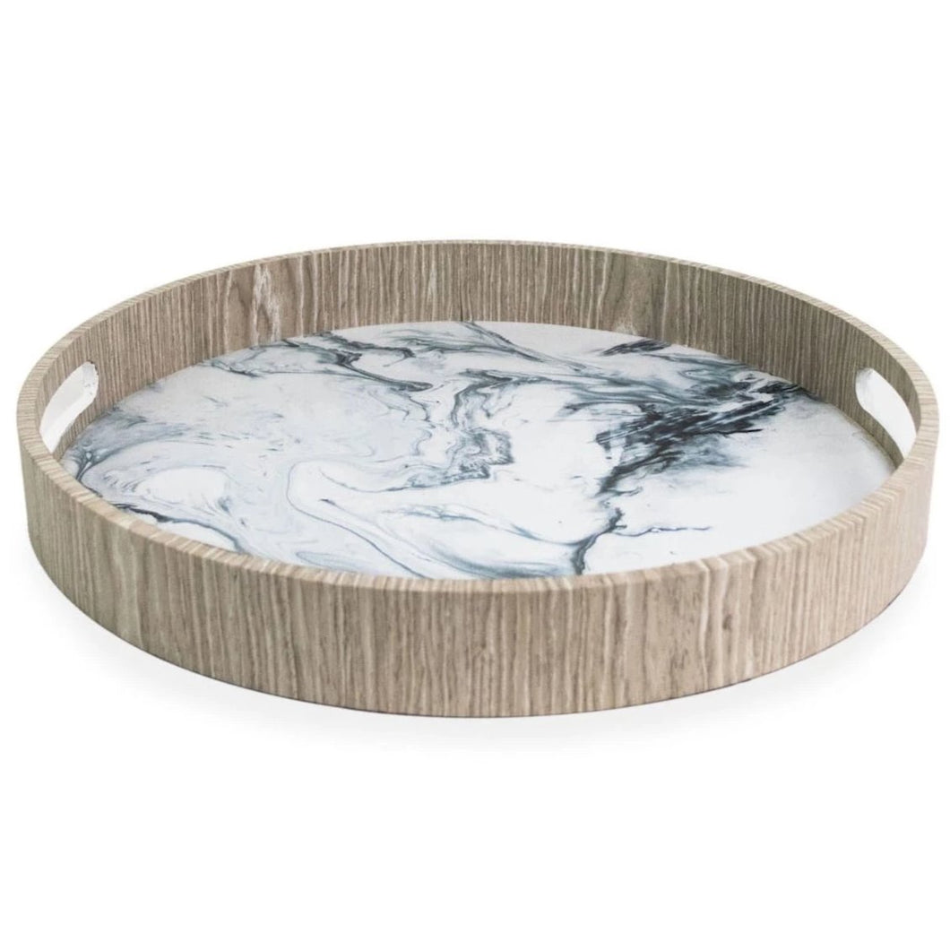 Round Oak Tray with Marble Pattern and Wood Rim with Handles
