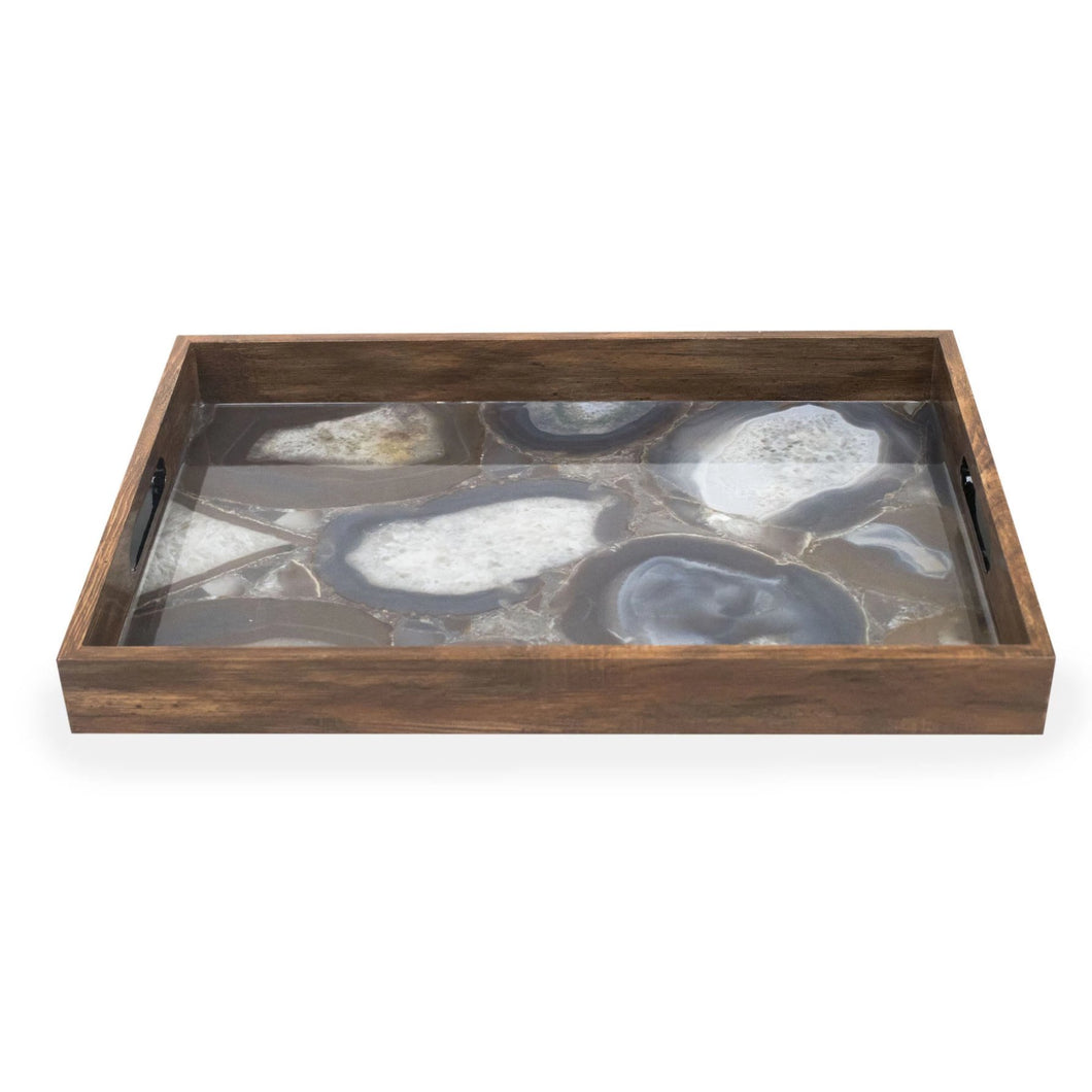 Rectangle Dark Wood Tray with Stone Design
