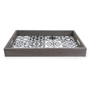 Rectangle Wood Tray with interior Tile Pattern and Side Handles