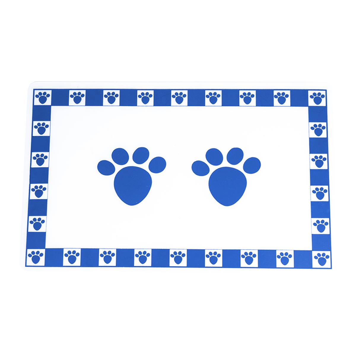 White pet food mat with two large black paw prints and a black and white checkered paw print border